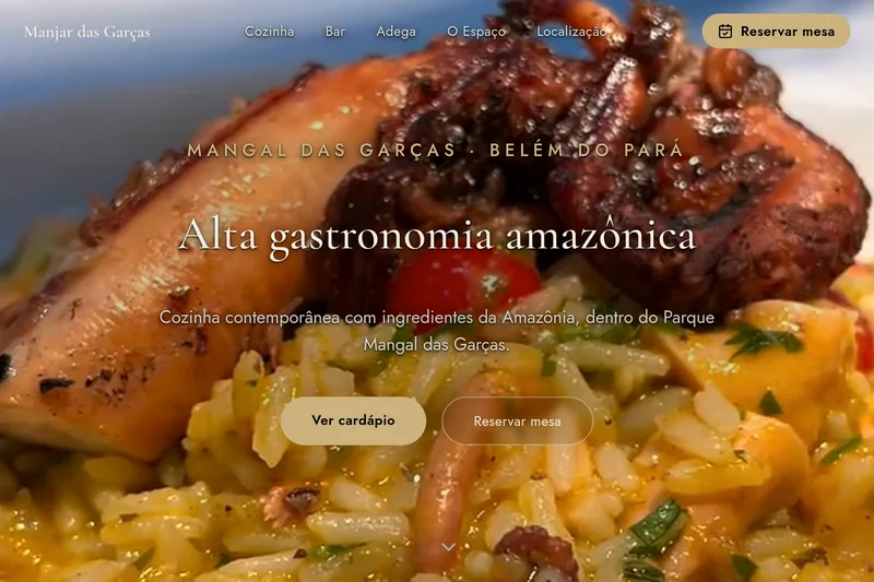 Site do restaurante Manjar das Garças, com vídeo de fundo e cardápio digital